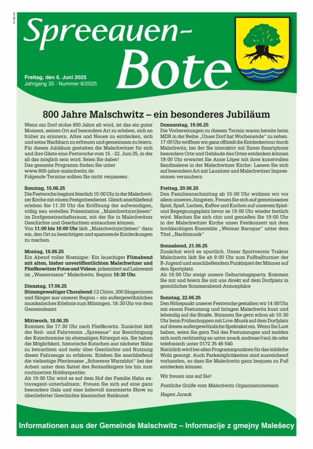 Spreeauen-Bote - Amtsblatt der Gemeinde Malschwitz Titelblatt 06/2025