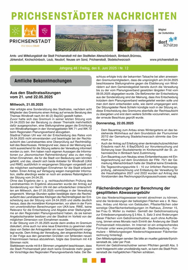 Prichsenstädter Nachrichten Titelblatt 12/2025