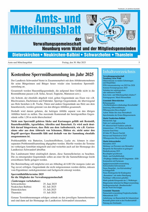 Amts- u Mitteilungsblatt der VG Neunburg vorm Wald u d Mitgliedsgemeinden Titelblatt 05/2025