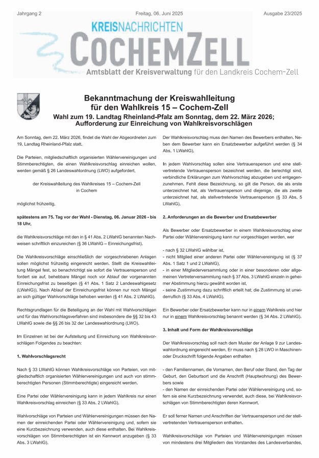 Kreisnachrichten Cochem-Zell Titelblatt 23/2025