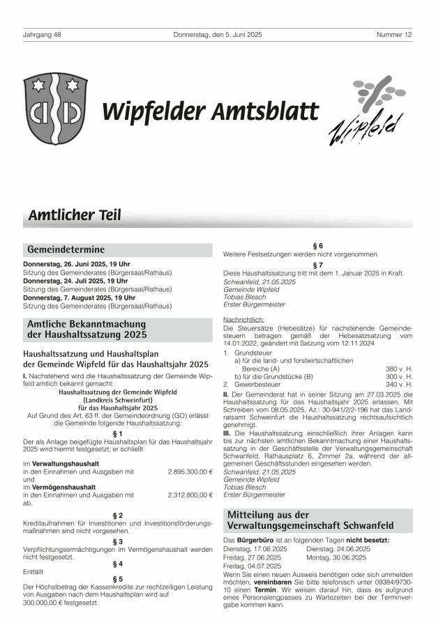 Wipfelder Amtsblatt Titelblatt 12/2025