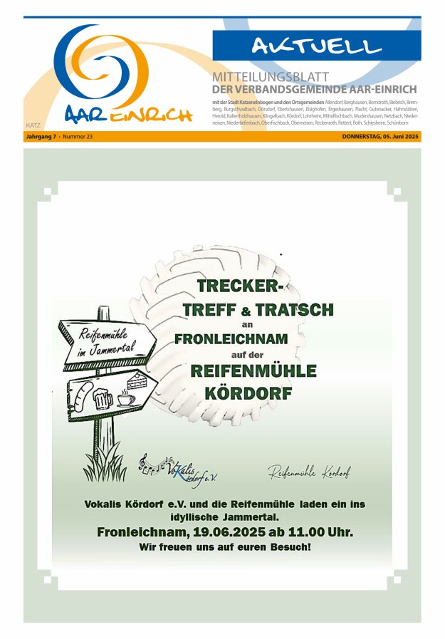 Mitteilungsblatt der Verbandsgemeinde Aar-Einrich Ausgabe Katzenelnbogen Titelblatt 23/2025