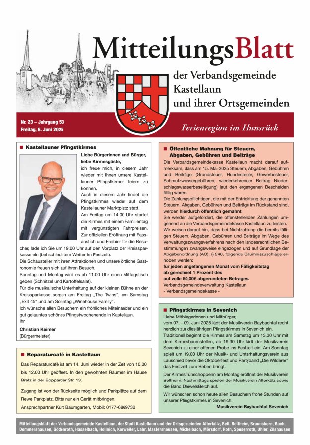 Mitteilungsblatt Kastellaun Titelblatt 23/2025