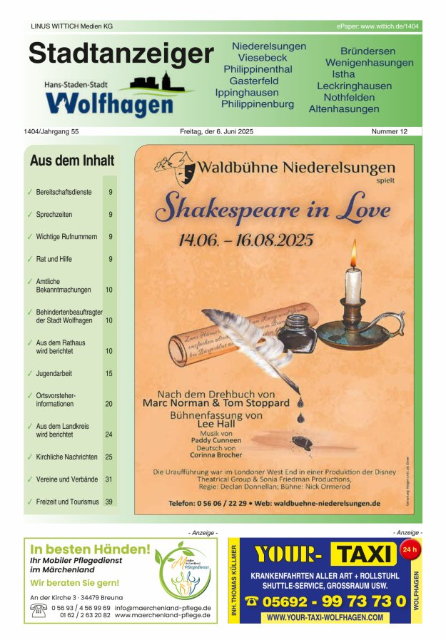 Wolfhager Stadtanzeiger Titelblatt 12/2025