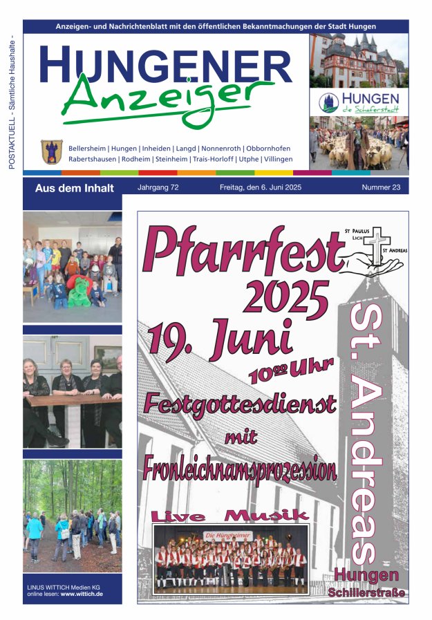 Anzeigen- und Nachrichtenblatt mit den öff  Bekanntmachungen der Stadt Hungen Titelblatt 23/2025