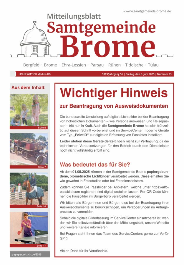 Mitteilungsblatt der Samtgemeinde Brome Titelblatt 23/2025