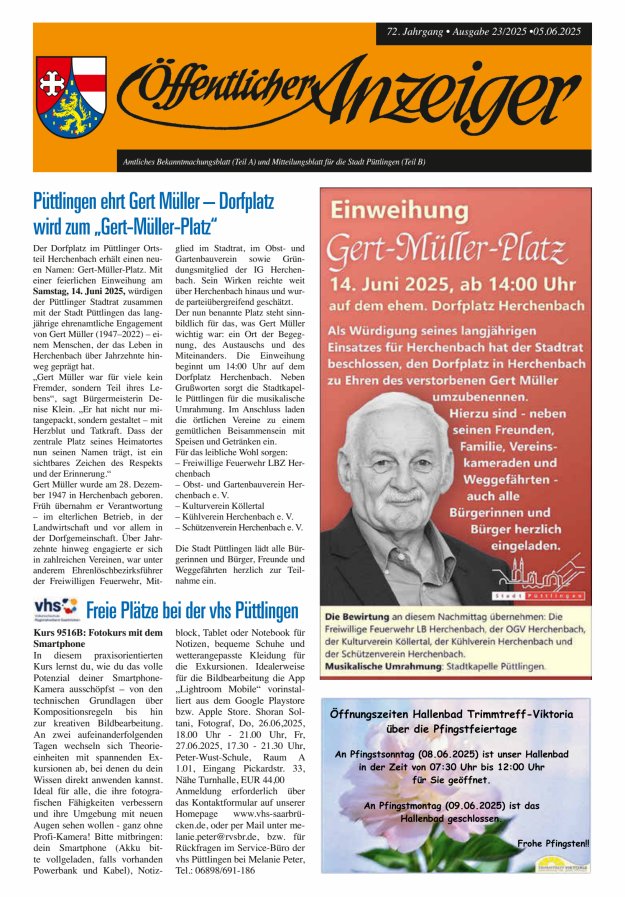 Öffentlicher Anzeiger - Stadt Püttlingen Titelblatt 23/2025
