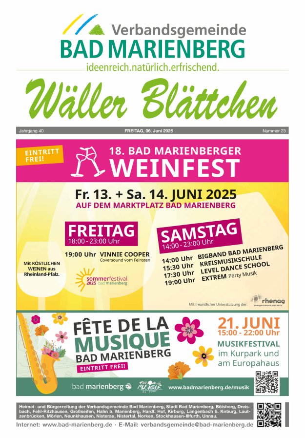 Wäller Blättchen - Verbandsgemeinde Bad Marienberg Titelblatt 23/2025