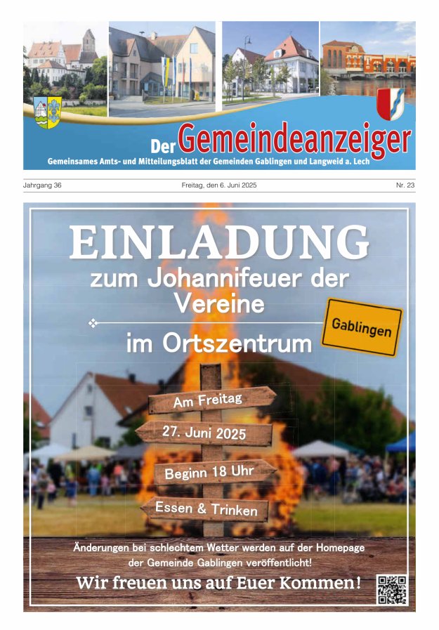 Der Gemeindeanzeiger - Gablingen Langweid Titelblatt 23/2025