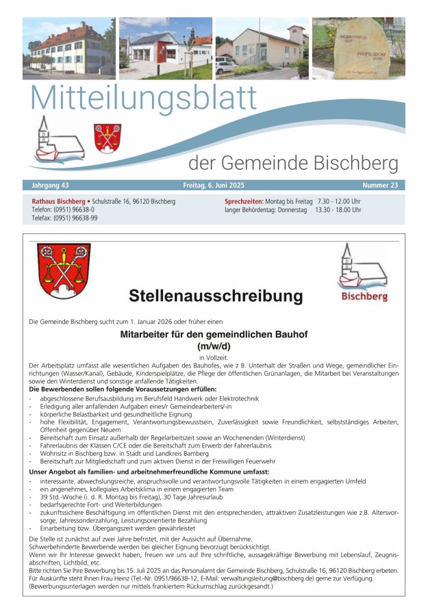 Mitteilungsblatt der Gemeinde Bischberg Titelblatt 23/2025