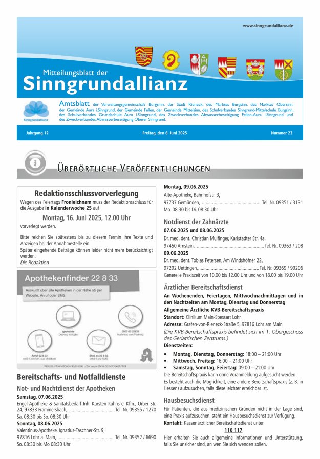 Mitteilungsblatt der Sinngrundallianz Titelblatt 23/2025