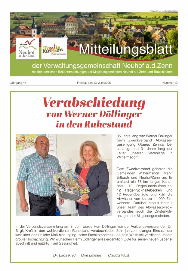Mitteilungsblatt der Verwaltungsgemeinschaft Neuhof an der Zenn mit den amtlichen Bekanntmachungen der Mitgliedsgemeinden Neuhof an der Zenn und Trautskirchen Titelblatt 12/2025