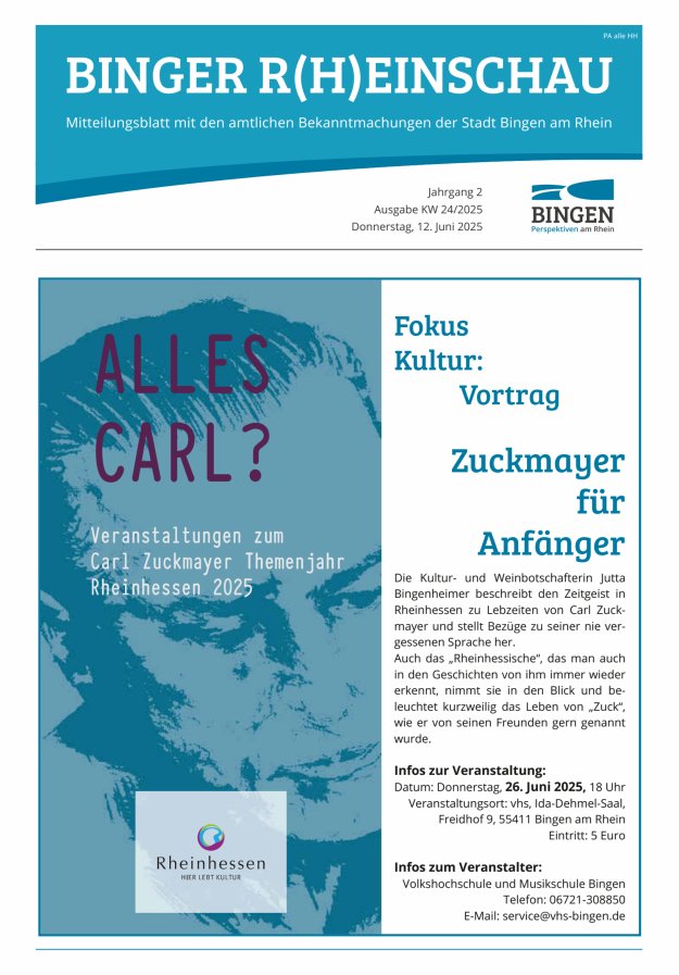 Binger R(h)einschau - Mitteilungsblatt mit den Amtlichen Bekanntmachungen der Stadt Bingen Titelblatt 24/2025