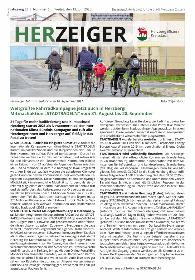 Amtsblatt für die Stadt Herzberg (Elster) mit Bekanntmachungen der Stadt  Titelblatt 06/2025