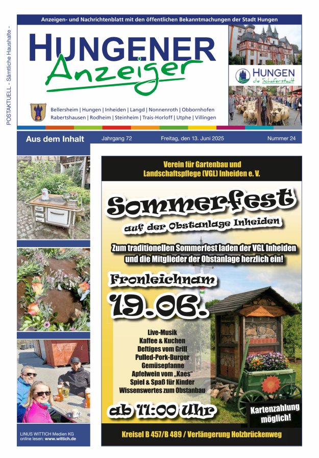 Anzeigen- und Nachrichtenblatt mit den öff  Bekanntmachungen der Stadt Hungen Titelblatt 24/2025