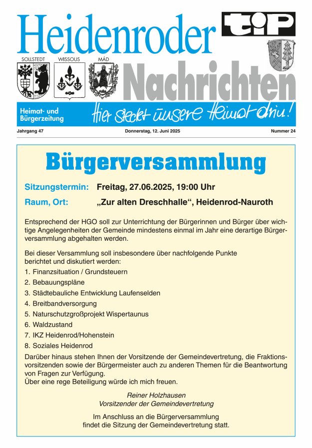 "tip" Heidenroder Nachrichten Titelblatt 24/2025