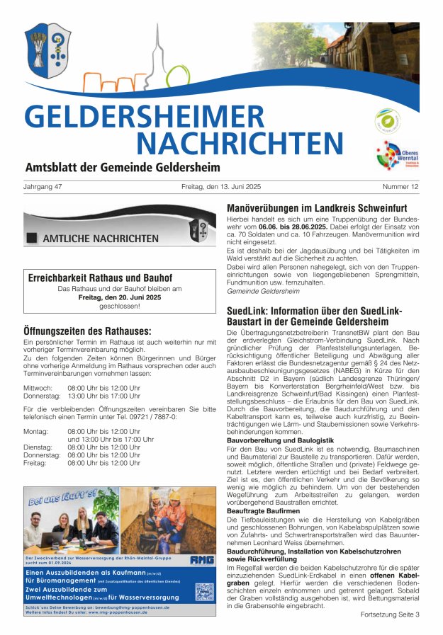 Geldersheimer Nachrichten Amtsblatt der Gemeinde Geldersheim Titelblatt 12/2025