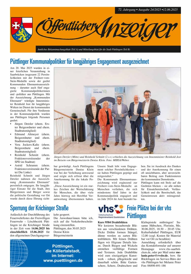 Öffentlicher Anzeiger - Stadt Püttlingen Titelblatt 24/2025