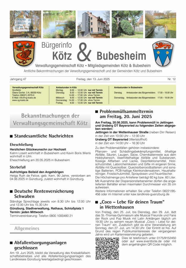 Amtsblatt der VG Kötz und der Mitgliedsgemeinden Titelblatt 12/2025