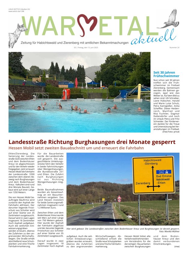 Warmetal aktuell (Habichtswald + Zierenberg) Titelblatt 24/2025