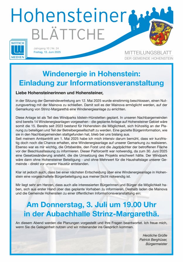 Hohensteiner Blättche Titelblatt 24/2025