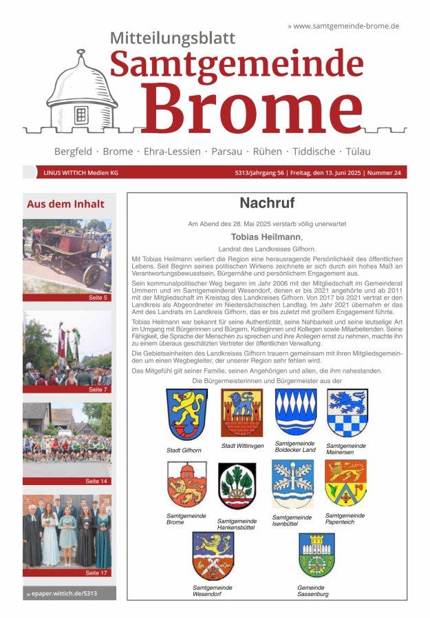 Mitteilungsblatt der Samtgemeinde Brome Titelblatt 24/2025