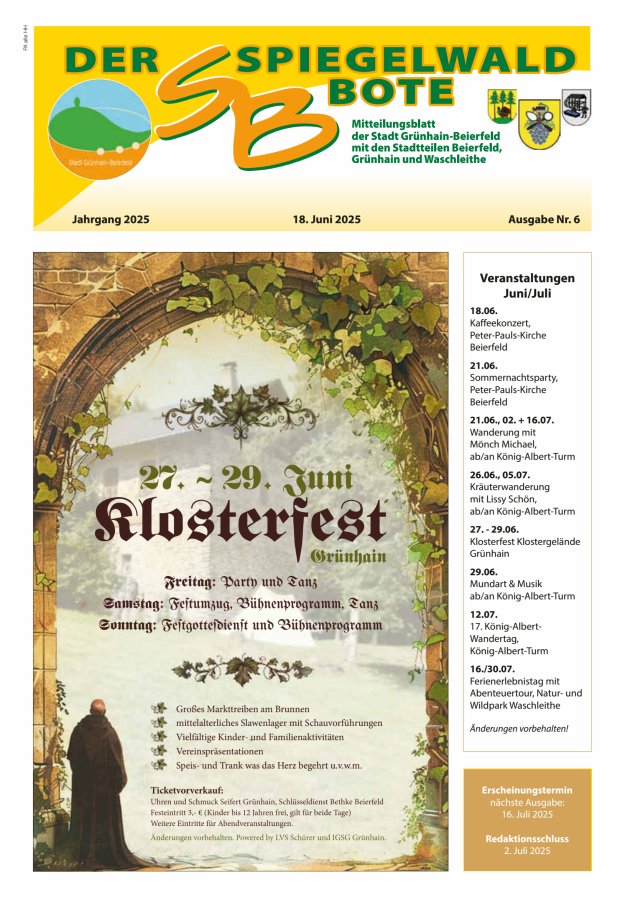 Der Spiegelwaldbote - Amts- und Mitteilungsblatt der Gemeinde Grünhain-Beierfeld  Titelblatt 06/2025