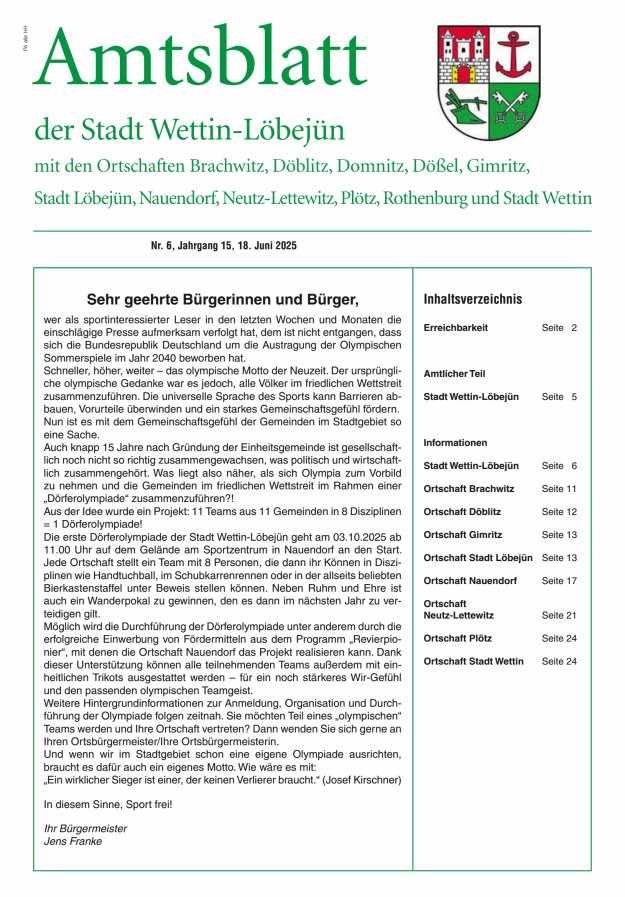 Amtsblatt der Stadt Wettin-Löbejün mit den Ortsteilen Titelblatt 06/2025