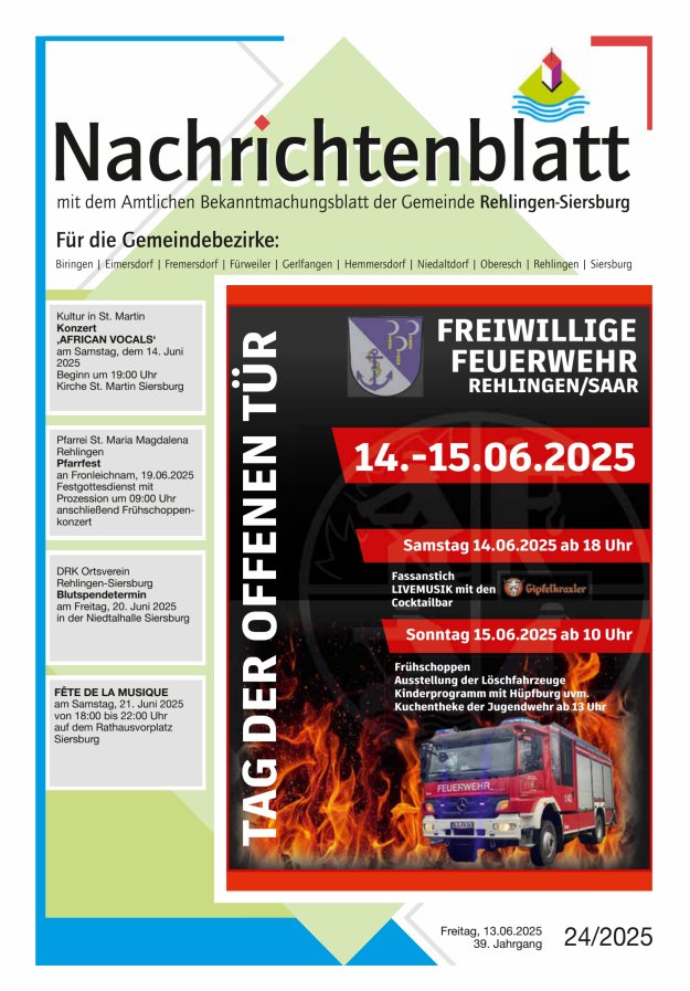 Nachrichtenblatt Rehlingen-Siersburg Titelblatt 24/2025