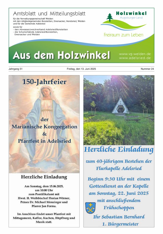 Aus dem Holzwinkel Amtsblatt u Mitteilungsblatt f VG Welden u GemAdelsried Titelblatt 24/2025