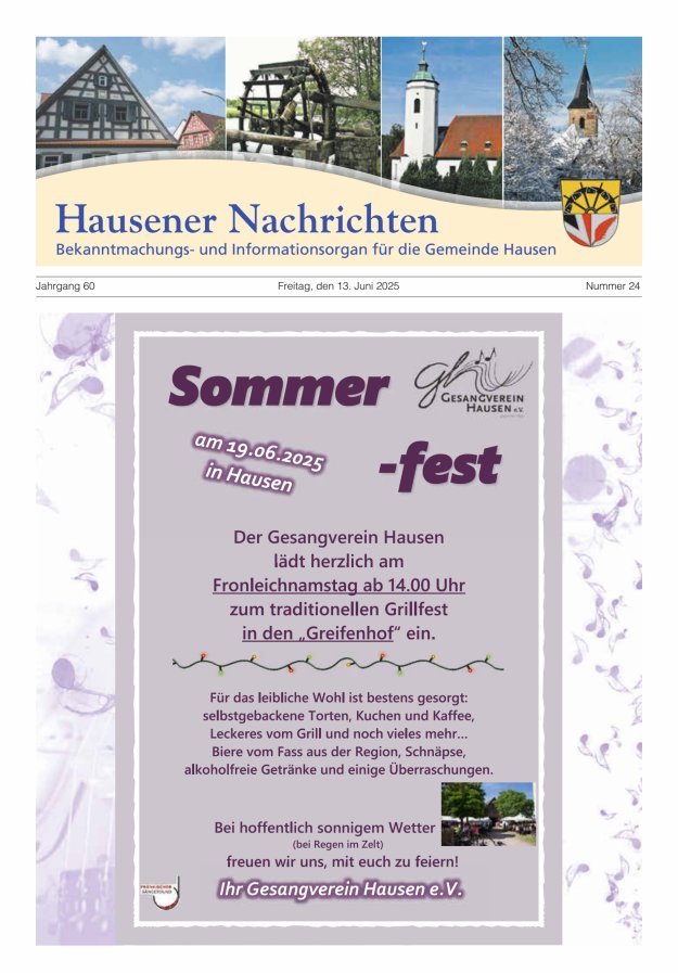 Hausener Nachrichten Titelblatt 24/2025