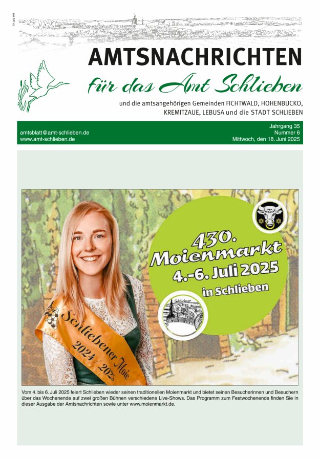Amtsnachrichten – Amtsblatt für das Amt Schlieben und die amtsangehörigen Gemeinden Titelblatt 06/2025