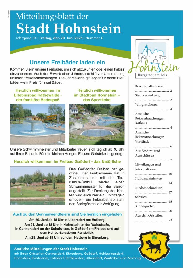 Mitteilungsblatt der Stadt Hohnstein Titelblatt 06/2025