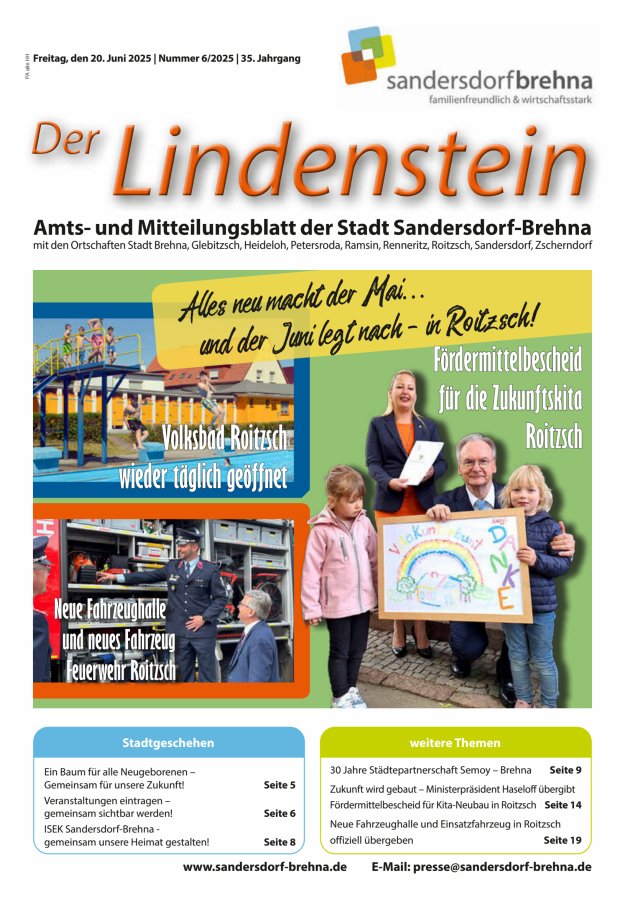 Der Lindenstein Amts- und Mitteilungsblatt der Stadt Sandersdorf-Brehna Titelblatt 06/2025