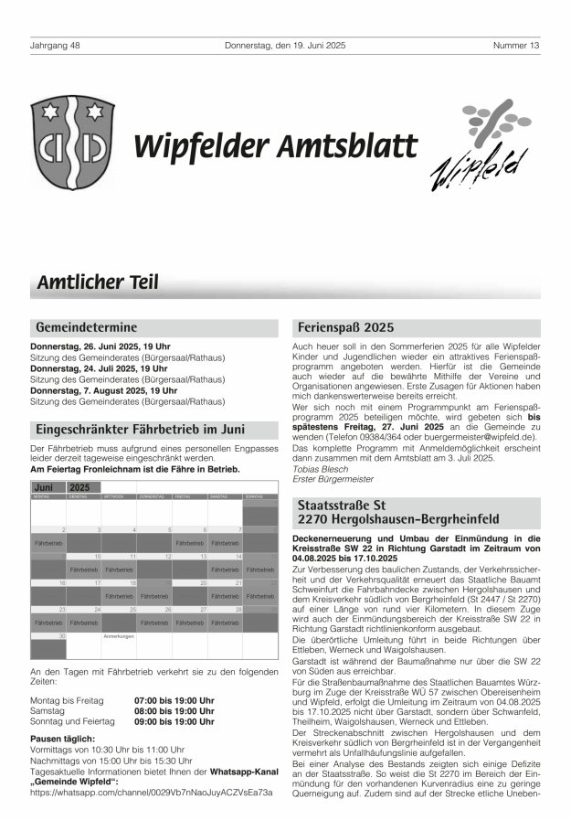 Wipfelder Amtsblatt Titelblatt 13/2025