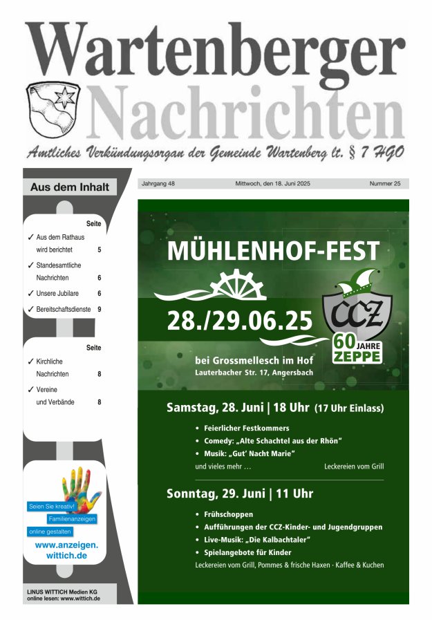 Wartenberger Nachrichten Titelblatt 25/2025