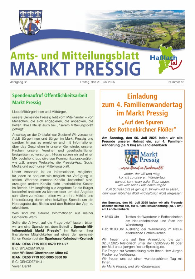 Amtsblatt für den Markt Pressig mit den Gemeindeteilen Titelblatt 13/2025