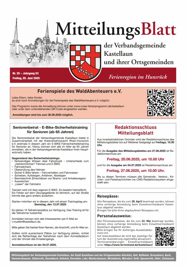 Mitteilungsblatt Kastellaun Titelblatt 25/2025