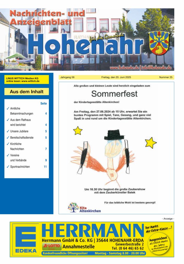 Nachrichten- und Anzeigenblatt für die Gemeinde Hohenahr Titelblatt 25/2025