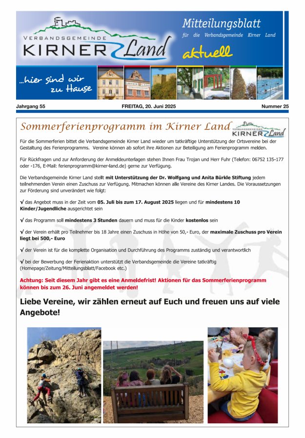 Mitteilungsblatt für den Bereich der Verbandsgemeinde Kirner Land Titelblatt 25/2025