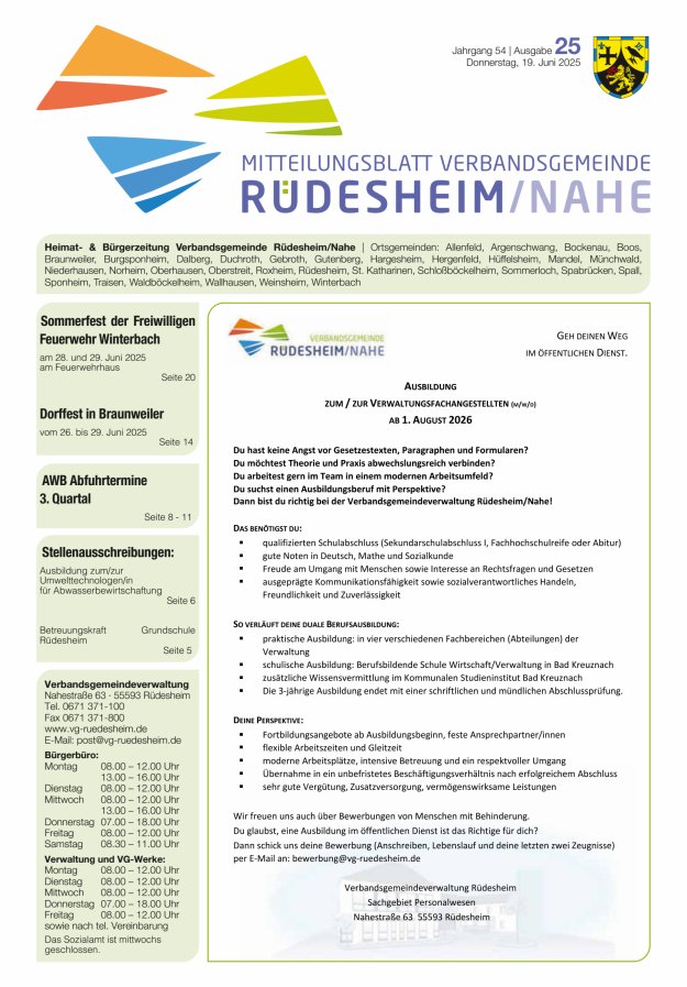 Mitteilungsblatt Verbandsgemeinde Rüdesheim und zugehörige Ortsgemeinden Titelblatt 25/2025