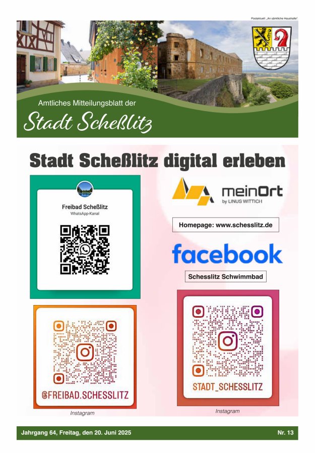 Scheßlitzer Anzeiger - Amtliches Mitteilungsblatt der Stadt Scheßlitz Titelblatt 13/2025