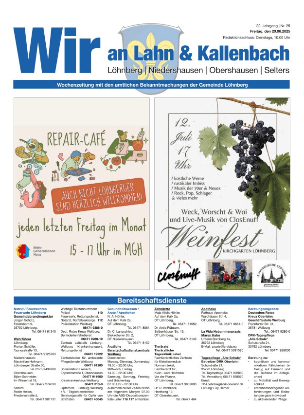 Amtliches Mitteilungsblatt der Gemeinde Löhnberg Titelblatt 25/2025