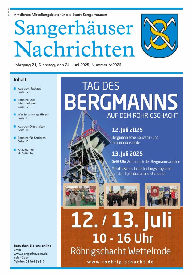 Sangerhäuser Nachrichten – Amtliches Mitteilungsblatt für die Stadt Sangerhausen Titelblatt 06/2025