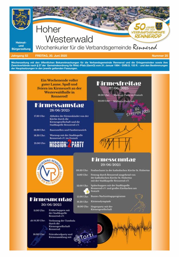 Hoher Westerwald - Wochenkurier für die Verbandsgemeinde Rennerod Titelblatt 25/2025