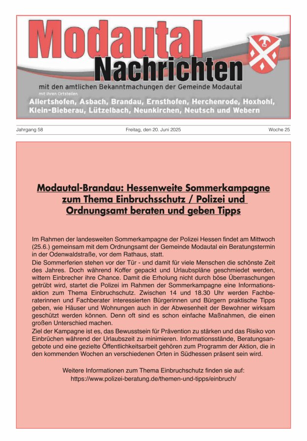 Modautal-Nachrichten Titelblatt 25/2025