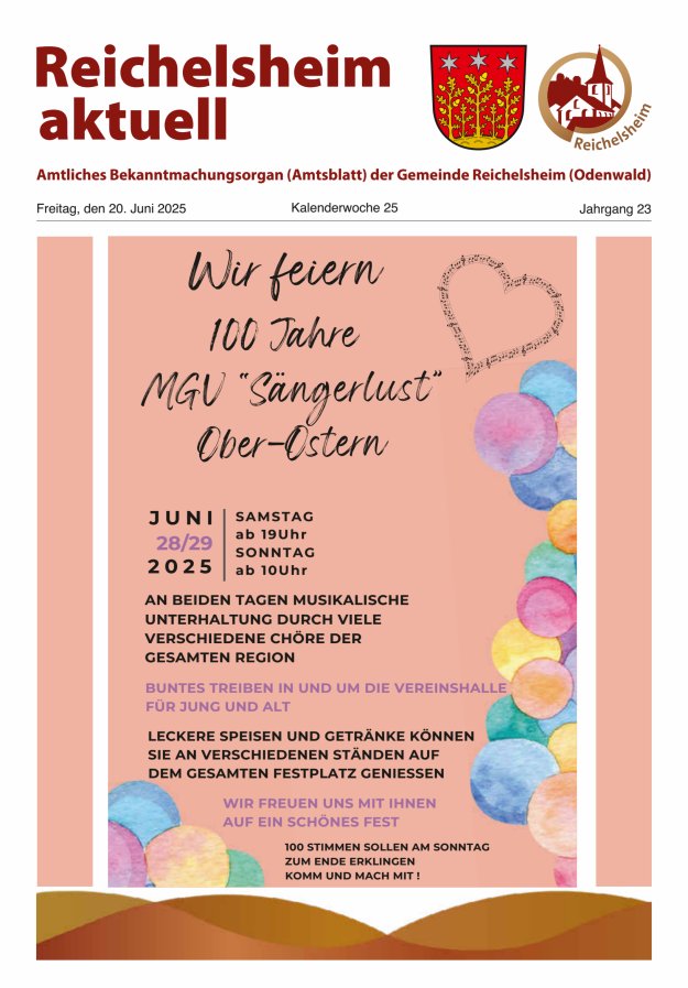 Reichelsheim aktuell - Amtsblatt der Gemeinde Reichelsheim(Odenwald) Titelblatt 25/2025