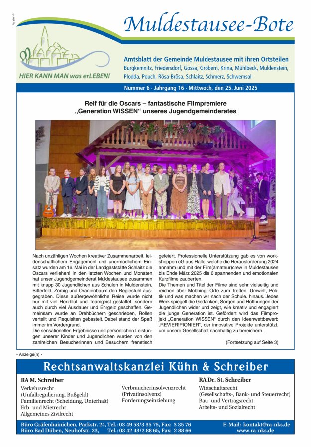 Muldestausee-Bote – Amtsblatt der Gemeinde Muldestausee mit ihren Ortsteilen Titelblatt 06/2025