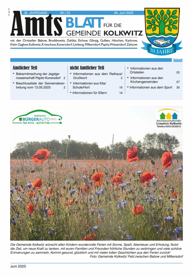 Amtsblatt für die Gemeinde Kolkwitz  Titelblatt 06/2025