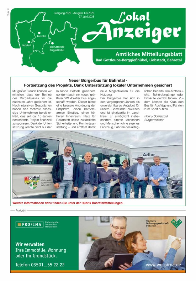 Lokal-Anzeiger - Amtliches Mitteilungsblatt Bad Gottleuba-Berggießhübel, Liebstadt, Bahretal Titelblatt 06/2025